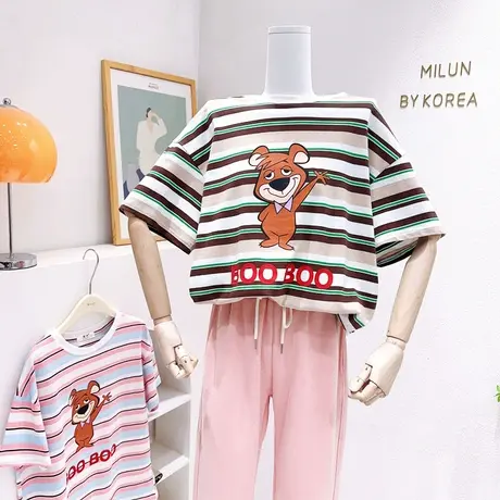 韩国东大门T恤女2023夏季新款ins港味原宿风小熊条纹宽松半袖上衣商品大图