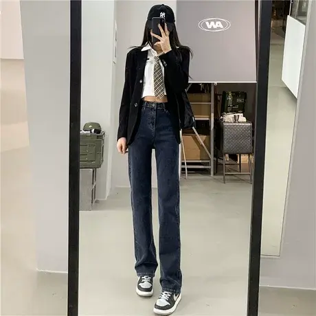 牛仔裤女直筒春秋显瘦高腰2023春秋新款裤子宽松百搭黑色阔腿长裤商品大图