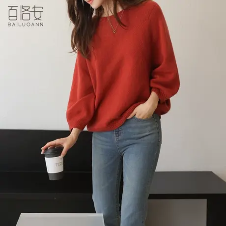 百洛安圆领红色套头毛衣女2024春装新款宽松慵懒风打底外穿针织衫商品大图