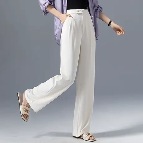 白色裤子冰丝阔腿裤女夏季薄款2023新款拖地长裤休闲裤窄版直筒裤商品大图