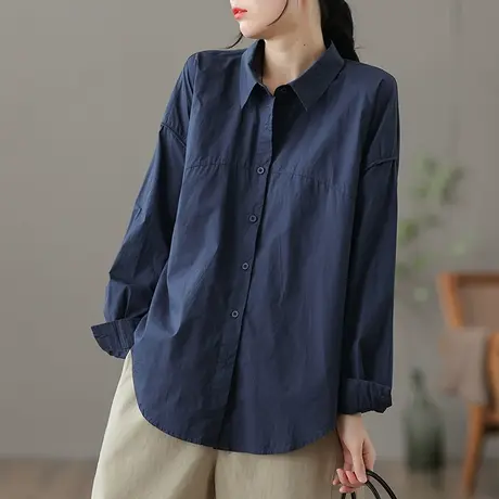 dza 复古纯棉长袖衬衣女士新款秋季上衣女宽松显瘦polo领白色衬衫图片