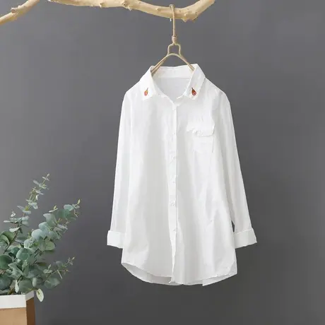 春装新品短款学院风白衬衫女长袖宽松百搭纯棉文艺刺绣打底衬衣女商品大图