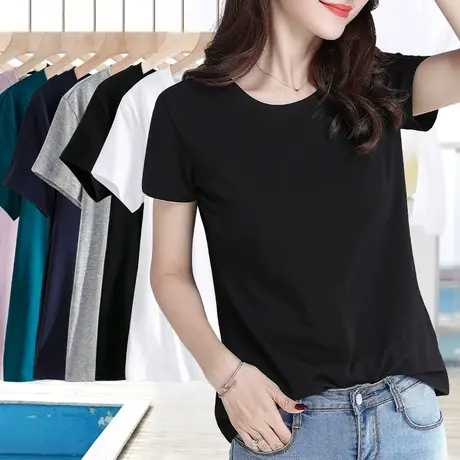 黑色圆领t恤女短袖修身纯色纯棉百搭大码女装2024新款夏季上衣女商品大图