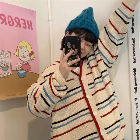 红续韩系时尚复古温柔风条纹开衫毛衣女外套2023秋冬新款宽松上衣图片