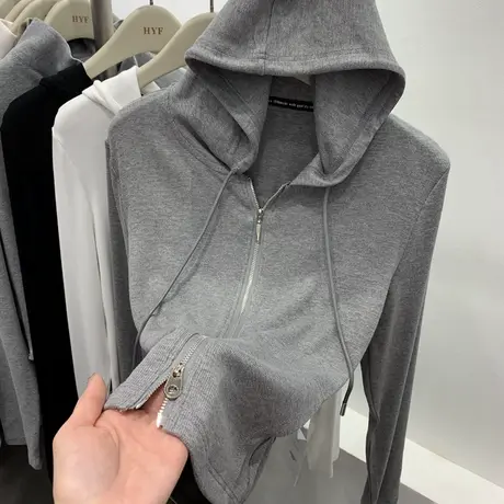 拉链外套连帽开衫长袖t恤女2023春季新款休闲显瘦百搭小众上衣潮商品大图