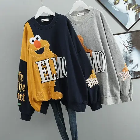 大码显瘦卡通芝麻街卫衣女宽松韩版春秋2023新款重工刺绣长袖上衣商品大图
