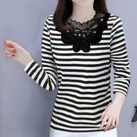 棉条纹长袖T恤女打底衫2023春秋新款大码宽松显瘦百搭洋气上衣商品大图