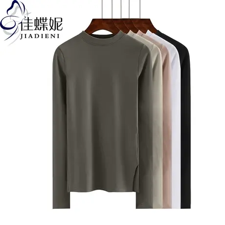 秋冬新韩半高领纯白侧开叉长袖修身显瘦体恤打底衫纯色女上衣T恤商品大图