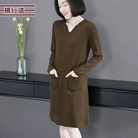 简约休闲V领织带宽松纯色长袖连衣裙女衣外穿妈妈装2024春季新款图片