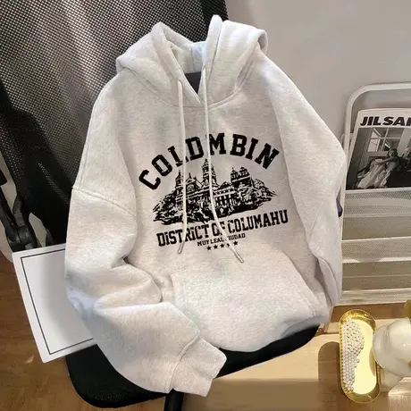 国潮加绒闺蜜装卫衣女oversize大码秋冬连帽上衣ins复古新款外套商品大图