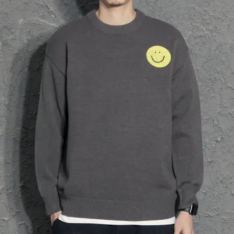 笑脸植绒黑色圆领毛衣男2021秋冬新款潮流线衣加厚针织衫打底毛衫商品大图