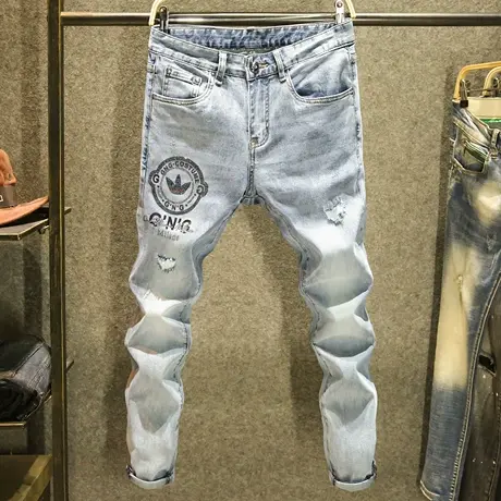高端图案烫钻男士牛仔裤韩版修身小脚裤ins潮手工磨破裤子男潮牌图片
