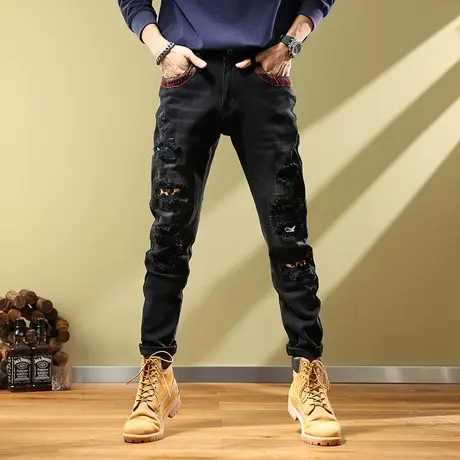 高端破洞牛仔裤男修身小脚黑色裤子男士潮牌直筒乞丐长裤秋季新款商品大图