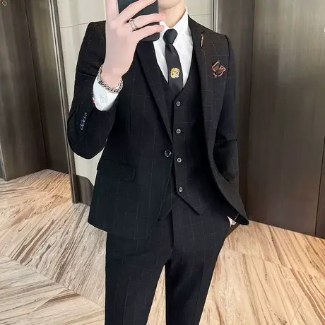 春秋西装套装男韩版修身新郎伴郎婚礼礼服主持人格子西服三件套潮图片