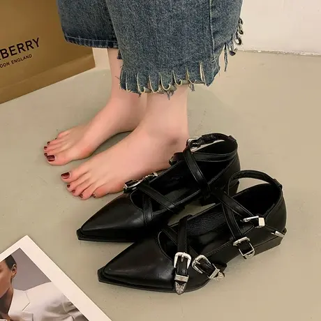 爆款浅口尖头法式黑色粗跟单鞋女2023年春夏季新款复古玛丽珍女鞋商品大图