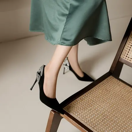 水钻高跟鞋女细跟2024年春季新款黑色尖头性感浅口礼服婚宴会单鞋图片