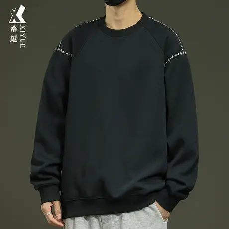 希越加绒加厚圆领卫衣男秋冬季美式套头衫宽松大码男士摇粒绒上衣商品大图