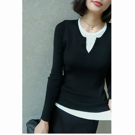 2023冬季新款假两件撞色圆领修身显瘦坑条打底羊绒针织衫女商品大图