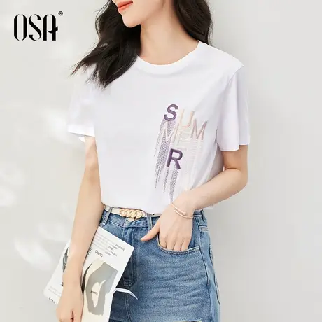 OSA欧莎白色正肩印花短袖t恤显瘦宽松体恤上衣女夏季2023年新款薄商品大图