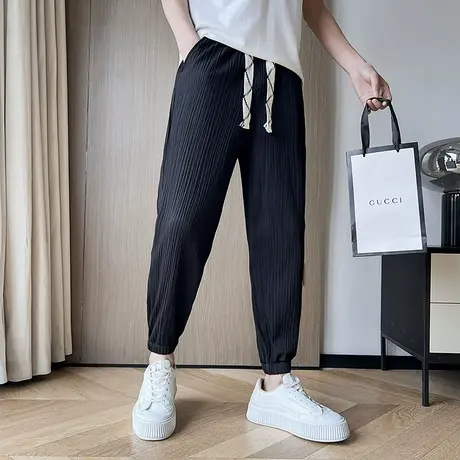 夏季男休闲裤九分裤裤子宽松潮流薄款运动纯色个性条纹束腿裤卫裤商品大图