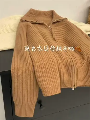 软糯慵懒双拉链毛衣外套女秋冬季翻领针织开衫宽松外搭浣熊绒上衣商品大图