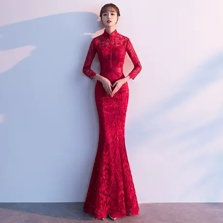 敬酒服新娘结婚新款酒红色结婚鱼尾礼服女现代订婚连衣裙修身长款商品大图