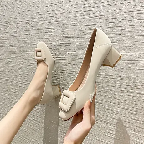 粗跟方头单鞋女2024新款设计感小众中跟气质名媛高跟鞋职业工作鞋商品大图