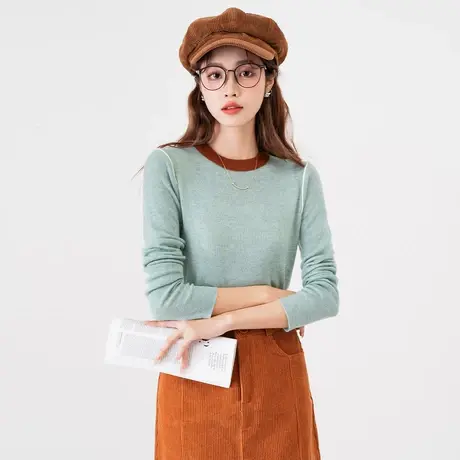 othermix撞色圆领百搭针织衫女2024春季新款基础百搭打底衫上衣短图片
