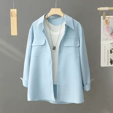 蓝色衬衫女春秋2024新款设计感小众休闲宽松叠穿长袖衬衣外套上衣图片