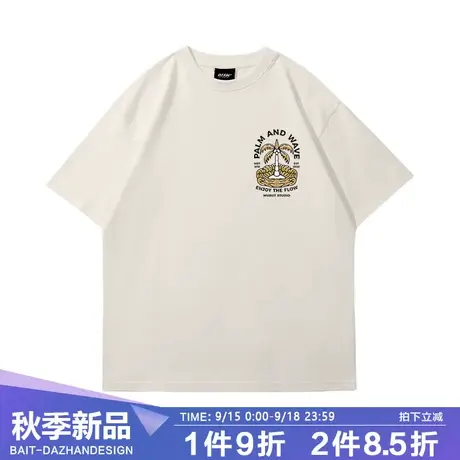 经典圆领百搭短袖T恤美式复古手绘风格印花米杏色全棉情侣半截袖商品大图