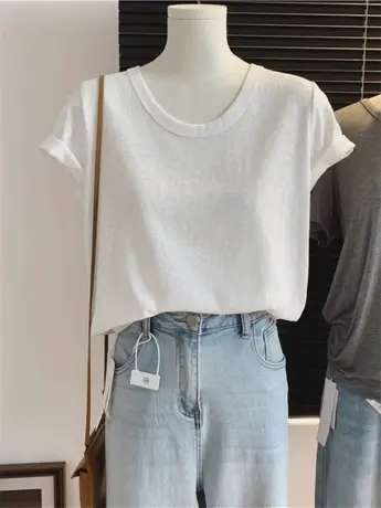 白色百搭棉质纯色正肩短袖T恤女夏季u领设计感薄款宽松内搭打底衫商品大图