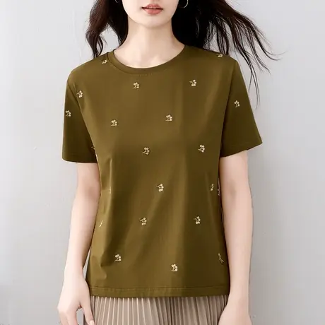 纯棉短袖t恤女夏装2024年新款时尚正肩圆领上衣重工刺绣半袖体恤商品大图