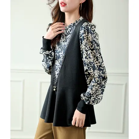 宝诗黎假两件印花拼接针织衫女2024新款钉珠洋气小衫春季优雅上衣商品大图