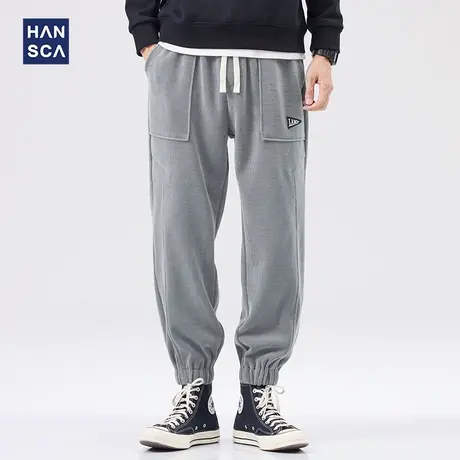 hansca灯芯绒休闲裤男潮牌秋季新款纯色宽松运动大口袋束脚长裤子商品大图