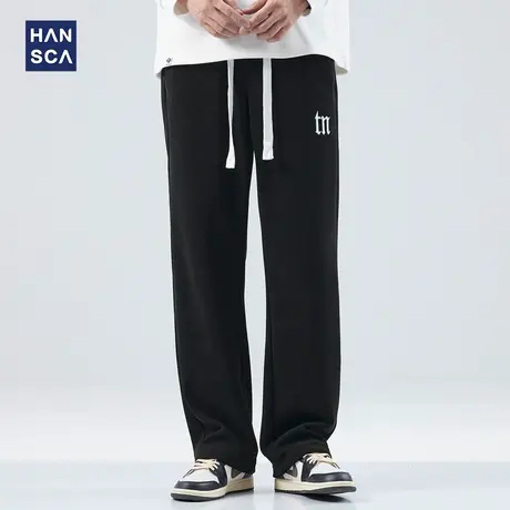 hansca黑色直筒休闲裤男秋季潮牌宽松大码美式运动阔腿休闲卫裤子商品大图