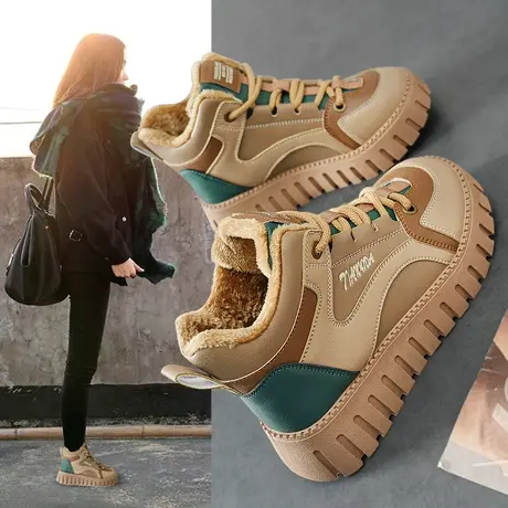 棉鞋女冬季加绒保暖皮面防水防滑厚底松糕高帮板鞋女运动休闲百搭商品大图