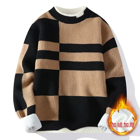 假两件毛衣男冬季加绒加厚撞色潮圆领针织衫男宽松慵懒风毛衣线衣商品大图