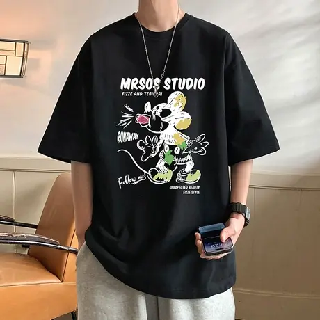 潮牌美式复古米奇短袖t恤男夏季2024新款大码宽松纯棉半袖体恤衫商品大图