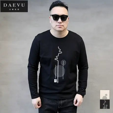 春秋新款写意风特大号潮胖子加肥加大码男款圆领长袖T恤商品大图