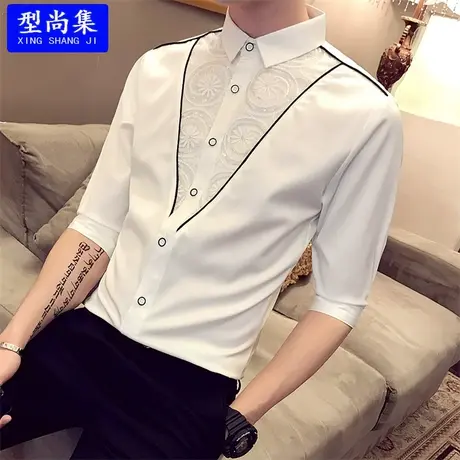 男士个性蕾丝七分中袖衬衫夏天发型师夜场少爷工作服韩版帅气衬衣商品大图