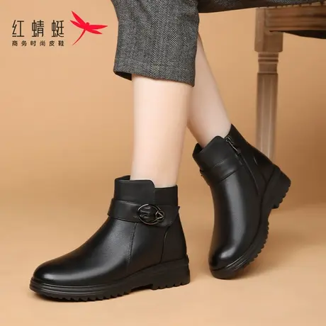 红蜻蜓冬季女鞋靴子女新款平底中筒棉靴真皮加绒保暖妈妈软皮短靴商品大图