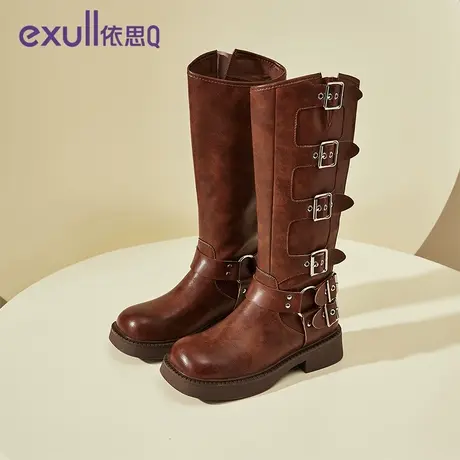 exull/依思Q长筒靴女2023秋冬新款皮靴高筒骑士靴粗跟小个子长靴商品大图