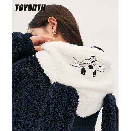 TOYOUTH初语显白卫衣女冬季新款连帽兔头藏青撞色软糯上衣商品大图