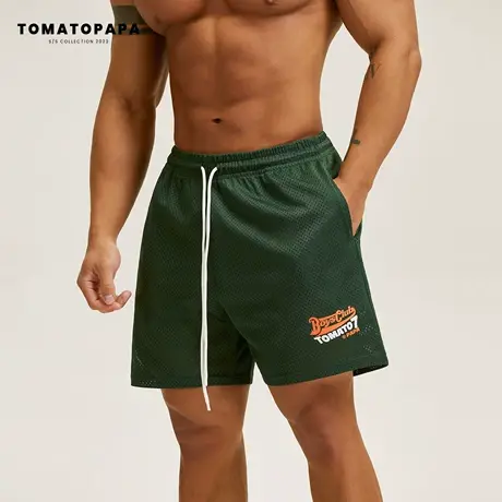 TOMATOPAPA原创短裤男抽绳弹力网孔清凉透气运动潮牌印花网面男裤图片