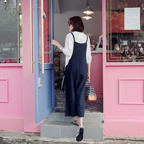 夏装新款棉麻阔腿裤女吊带连体裤时尚宽松大码休闲学生背带裤子潮商品大图