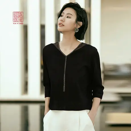 EP雅莹高端系列 桑蚕丝棉混纺丝棉V领七分袖针织衫 新款9509A商品大图