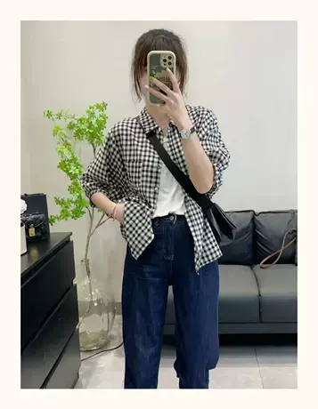 2023年夏季新款黑白格子中袖衬衫外套女韩版宽松防晒衣开衫娃娃衫图片