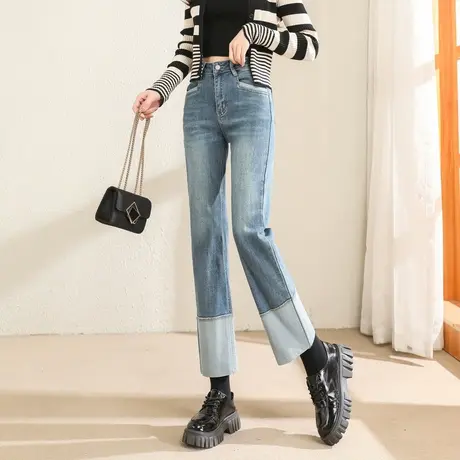 时尚气质直筒牛仔长裤2023年季新款女士宽松高腰显瘦翻边长裤商品大图