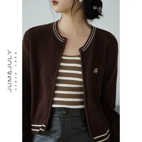 嘉茱莉2023秋季新款双拉链针织开衫外套女小个子短款修身针织上衣商品大图