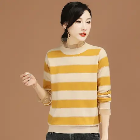 韩潮袭人假两件条纹长袖加厚女士毛衣2023年冬季新款针织衫打底衫图片